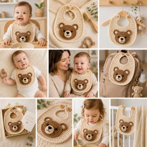 May include: A cream-colored crochet baby bib featuring a brown bear face appliqué in the center. The bib has a rounded shape with two wooden buttons at the top for closure. The bear face has dark brown ears, a light brown muzzle, and black eyes.