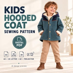 May include: A digital PDF sewing pattern for a kids hooded coat. The text reads KIDS HOODED COAT SEWING PATTERN, DIGITAL PDF, A4, US LETTER, A0, PROJECTOR, and AI design preview. The image shows a child wearing a teal coat with a navy hood and cream lining.