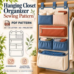 May include: A hanging closet organizer sewing pattern PDF featuring text that reads Hanging Closet Organizer Sewing Pattern, PDF Pattern, A4, US Letter, A0, Projector, Intermediate, Illustrated Instructions, Digital Download, AI-Assisted Design.