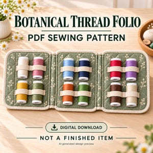 May include: A tri-fold green quilted fabric thread folio with a white botanical print, featuring elastic loops holding twelve colorful spools of thread. Text reads: BOTANICAL THREAD FOLIO PDF SEWING PATTERN, DIGITAL DOWNLOAD, NOT A FINISHED ITEM.