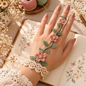 Crochet Hand Jewelry Pattern PDF, Floral Hand Chain with Lace Cuff and Finger Loop, 56 Illustrated Steps, Instant Download