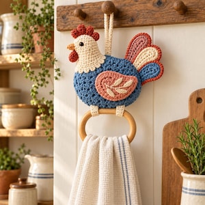 Peut inclure: Un porte-serviette en crochet en forme de poule avec un corps bleu, une tête crème et une queue multicolore dans les tons rouge, crème et bleu. La poule est fixée à un anneau en bois retenant une serviette gaufrée crème à rayures bleues.