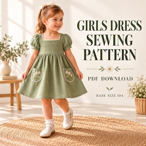 May include: A sage green dress with puff sleeves, a square neckline, and two front pockets featuring embroidered white daisy motifs. The text reads GIRLS DRESS SEWING PATTERN, PDF DOWNLOAD, and BASE SIZE 104. The dress has a white trim detail.