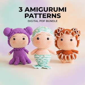 May include: Three crocheted amigurumi dolls featuring a purple octopus-inspired doll, a mint green mermaid doll with pearl accents, and a rust-colored doll with ruffled details. The text 3 AMIGURUMI PATTERNS DIGITAL PDF BUNDLE is displayed above.