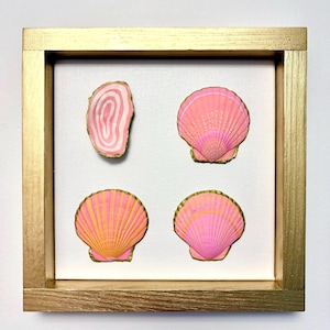 May include: A square wall art piece featuring four decorative seashells arranged on a white background inside a gold frame. The shells are painted in shades of pink and orange with gold-painted edges, showcasing various patterns including stripes and dots.
