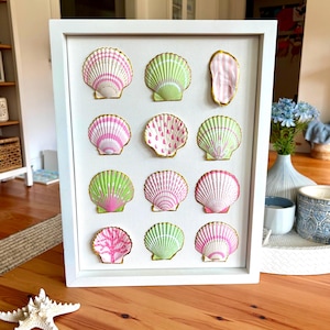 Puede incluir: Un marco rectangular blanco tipo caja con doce conchas marinas dispuestas en cuadrícula. Cada concha presenta patrones únicos en tonos rosa y verde, con bordes pintados en dorado, montadas sobre un fondo blanco liso.