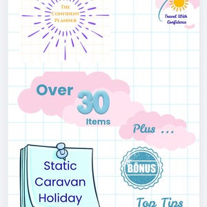May include: A digital flyer on a grid background featuring the text The Confident Planner, Travel With Confidence, Over 30 Items, Plus, Static Caravan Holiday, Bonus, Top Tips, and Download Your Printable PDF Checklist Now with sun and cloud icons.