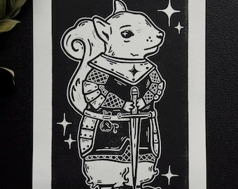 Squirrel Fighter | Linocut Print | Medieval Fantasy Art Print | D&D Print | Knight