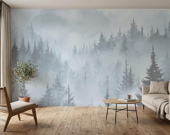 Misty Mountain Peel and Stick Wallpaper, Foggy Forest Wall Mural, Blue Landscape Removable Wallpaper, Nature Wall Decor