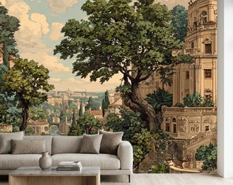 Papel de parede adesivo vintage com paisagem urbana, mural de parede arquitetônico elegante, papel de parede removível com cena urbana.