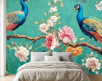 Peacock Floral Peel and Stick Wallpaper, Vintage Bird Wall Mural, Elegant Removable Wallpaper, Nature Decor