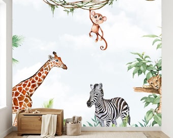 Jungle Safari Peel and Stick Wallpaper, Kids Animal Wall Mural, Nursery Jungle Removable Wallpaper, Renter Friendly Decor