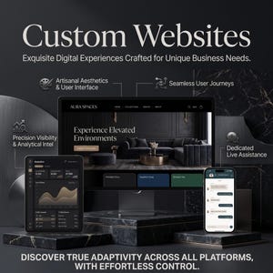 Op de afbeelding: Een digitaal scherm toont een website genaamd Aura Spaces met de tekst Custom Websites, Exquisite Digital Experiences Crafted for Unique Business Needs, en Discover True Adaptivity Across All Platforms, With Effortless Control.