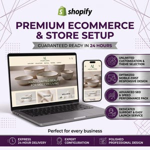 Puede incluir: Un portátil y un smartphone muestran un sitio web de comercio electrónico para Atelier Lumina con cuencos de cerámica. El texto incluye PREMIUM ECOMMERCE & STORE SETUP, GUARANTEED READY IN 24 HOURS, UNLIMITED CUSTOMIZATION y OPTIMIZED MOBILE-FIRST DESIGN.