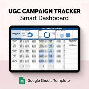 Op de afbeelding: Een digitaal UGC-campagnetracker smart dashboard weergegeven op een tabletscherm. De interface bevat een tabel met kolommen voor merknamen, inhoudstypen, datums, status, tarieven en betalingsgegevens, naast cirkel- en staafdiagrammen.