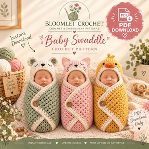 May include: A digital PDF crochet pattern for baby swaddles featuring three infants wrapped in textured, hooded cocoons. The designs include a green bear, a pink cat, and a yellow duck, each secured with a single wooden button. Text includes Bloomlet Crochet.