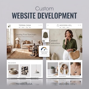 May include: A digital display showcasing custom website development for two brands, Terra Casa and Modern Veil. The layout features product photography, navigation menus, and a performance optimized gauge icon centered between the two web pages.