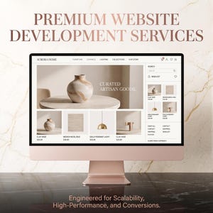 Peut inclure: Un écran d'ordinateur de bureau rose doré affichant le site e-commerce Aurora Home. L'écran présente une page d'accueil avec une image principale d'un vase en argile, des menus de navigation, une barre de recherche et une grille de produits.