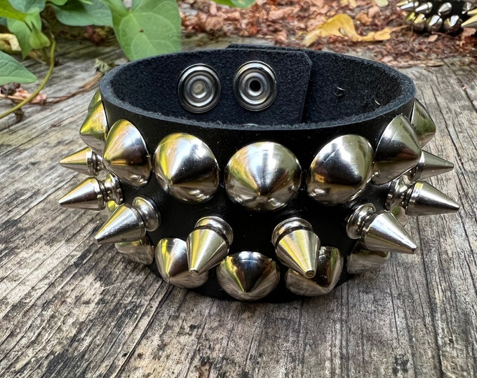 Spiked bracelet with cone studs, three row leather cuff version