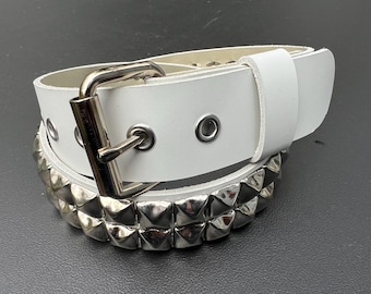 white leather emo stud belt studded with 5/8” pyramid studs