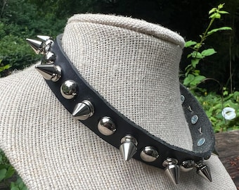 punk spiked choker with 1/2” tree spikes and 3/8” round studs