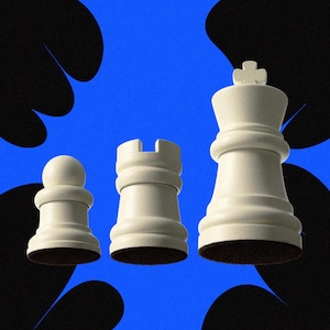 May include: Three white chess pieces arranged in a row against a vibrant blue background with black abstract shapes. The set includes a pawn, a rook, and a king, each featuring a smooth finish and a dark felt base for stability on a board.