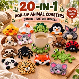 Könnte beinhalten: Ein 20-in-1 Pop-up Tier-Untersetzer Häkelanleitungs-Bundle als digitales PDF mit verschiedenen bunten gehäkelten Tiermotiven wie Ente, Katze, Hund, Faultier, Panda, Tiger, Fuchs, Maus, Frosch, Eidechse, Marienkäfer, Spinne und Pinguin.