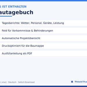 Könnte beinhalten: Eine digitale Bautagebuch-Vorlage mit der Überschrift DAS IST ENTHALTEN Bautagebuch. Die Liste enthält Tagesberichte zu Wetter, Personal, Geräten und Leistung, Felder für Vorkommnisse, eine Projektübersicht, Druckoptimierung und eine PDF-Anleitung.
