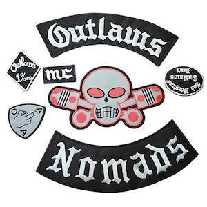 Broderat set med Outlaws Nomads-märken | MC-märken med Skull Piston-motiv och bikerväst