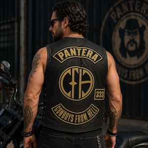 May include: A black leather vest featuring gold embroidered patches on the back. The top patch reads PANTERA, the center circular patch displays the letters CFH, a small square patch reads 333, and the bottom curved patch reads COWBOYS FROM HELL.
