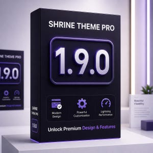 May include: A black rectangular box labeled Shrine Theme Pro 1.9.0 with purple accents. The front displays the version number 1.9.0 in large white text, along with icons for Modern Design, Powerful Customization, and Lightning Performance.