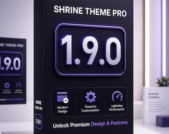 Puede incluir: Una caja rectangular negra etiquetada como Shrine Theme Pro 1.9.0 con detalles en morado. El frente muestra el número de versión 1.9.0 en letras blancas grandes, junto con iconos para Modern Design, Powerful Customization y Lightning Performance.