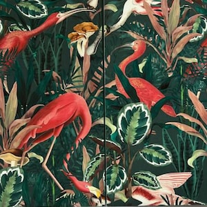 May include: A two-panel wall art set featuring a dense tropical jungle scene with vibrant red scarlet ibis birds, lush green foliage, patterned calathea leaves, and scattered mushrooms against a dark forest green background.