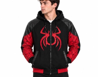 Spider-Man Zip Hoodie Jacket, Black Red Leather Sleeves, Streetwear Cosplay (Sizes S-5XL)