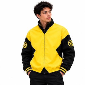 Men's yellow and black zip-up bomber jacket with X logo patch on sleeve, full-length front view on white background