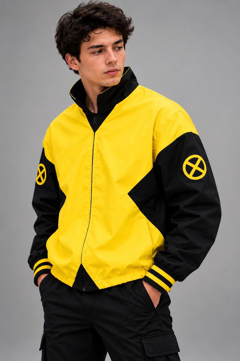 Three-quarter view of men's yellow and black zip-up bomber jacket with black sleeves and X patch, studio gray background