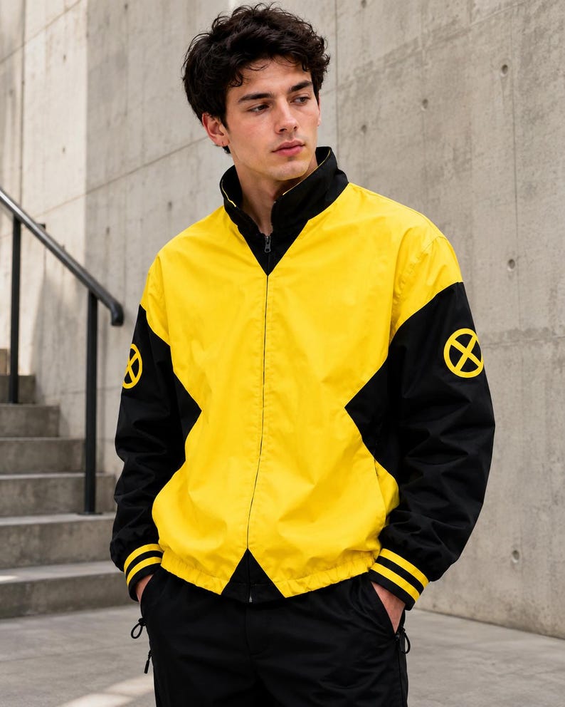Young man standing by concrete stairs wearing yellow and black zip-up bomber jacket with X logo sleeve patch