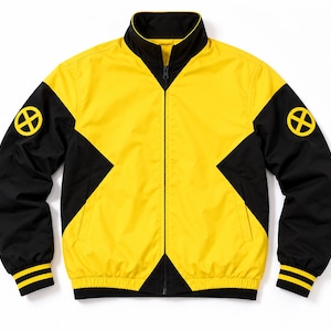 Yellow and black bomber jacket laid flat on white background showing front zipper, X patches on sleeves and striped trim