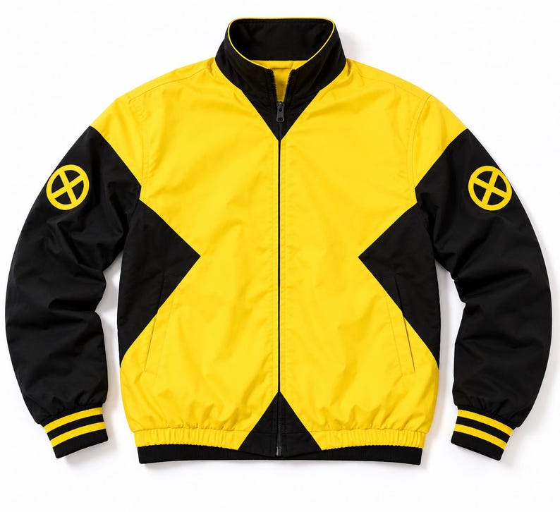 Yellow and black bomber jacket laid flat on white background showing front zipper, X patches on sleeves and striped trim