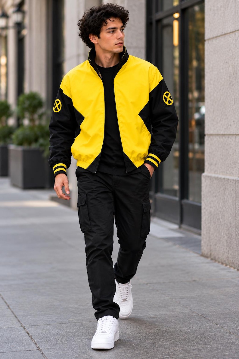 Man walking on a city street wearing yellow and black bomber jacket with black pants, casual streetwear outfit