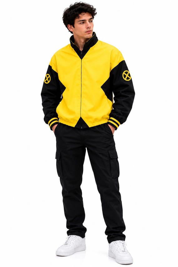 Yellow Black X-Men Bomber Jacket, Zip-Up Varsity Streetwear, Cosplay Gift