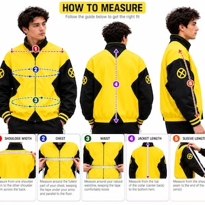How to measure men's yellow and black bomber jacket size guide with chest width, shoulder, sleeve length and body length instructions for the right fit