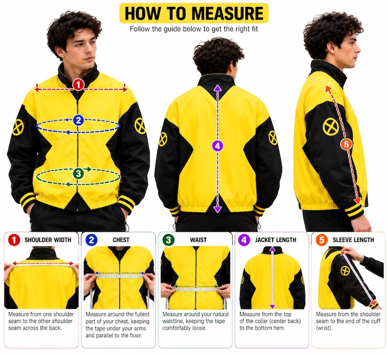 How to measure men's yellow and black bomber jacket size guide with chest width, shoulder, sleeve length and body length instructions for the right fit