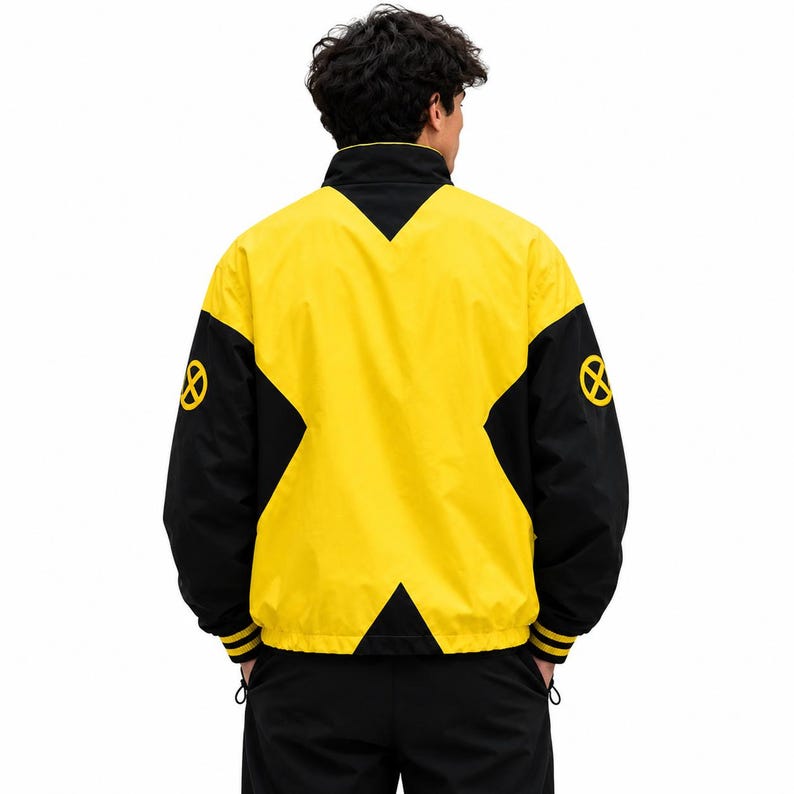 Back view of men's yellow and black bomber jacket with yellow body, black sleeves and striped ribbed hem