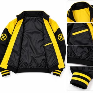 Open yellow and black bomber jacket showing black inner lining, zipper pockets and close-up detail views