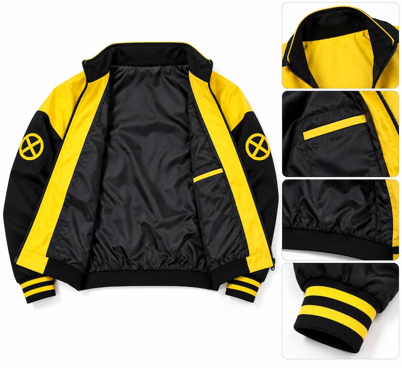 Open yellow and black bomber jacket showing black inner lining, zipper pockets and close-up detail views