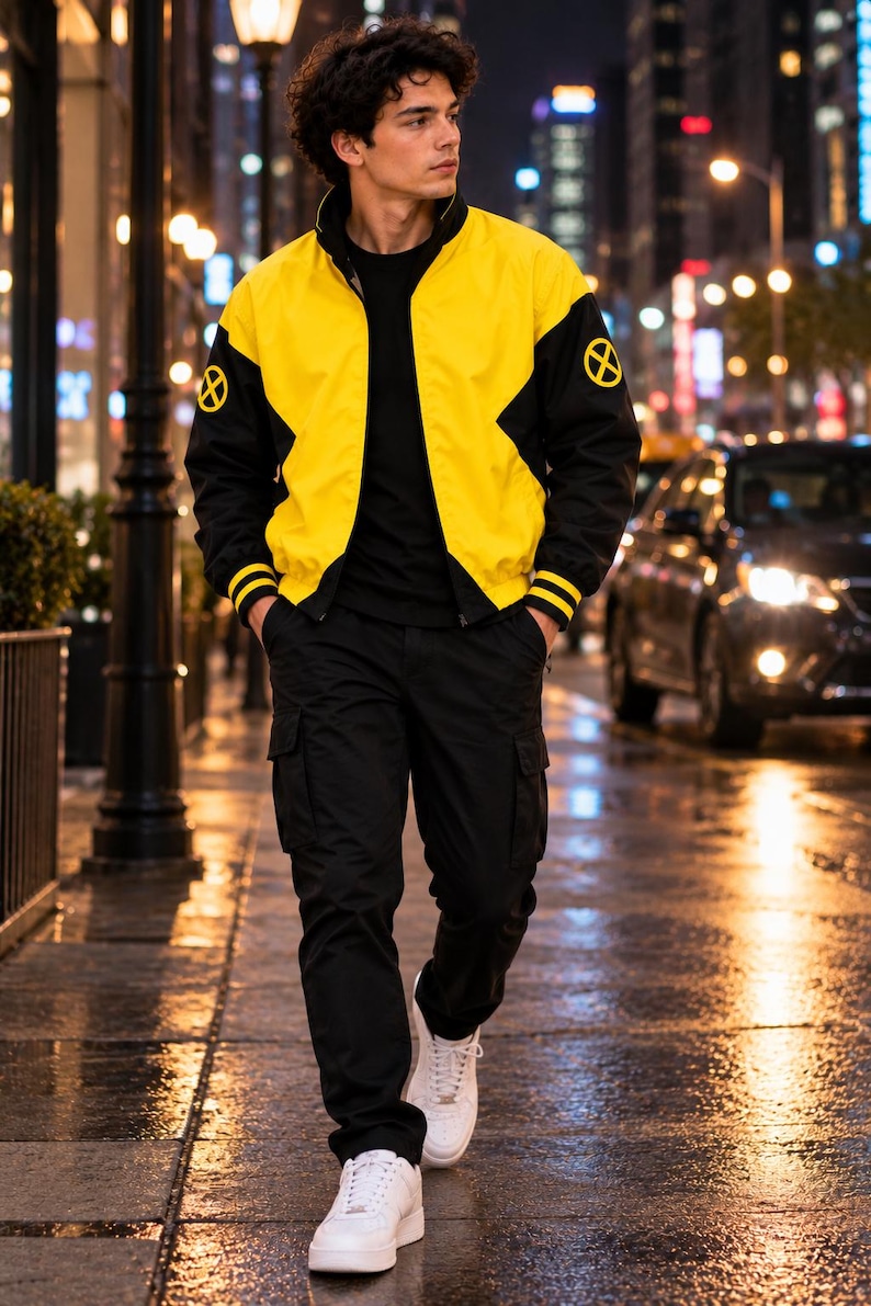 Man wearing yellow and black bomber jacket at night on a wet city street with car lights, urban streetwear style