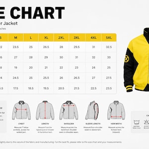 Men's bomber jacket size chart with chest, shoulder, sleeve and length measurements and measuring guide
