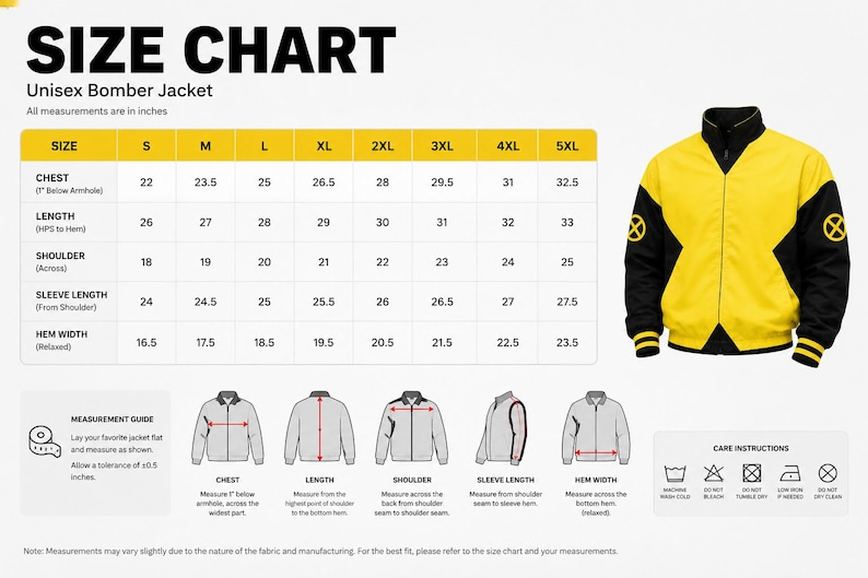 Men's bomber jacket size chart with chest, shoulder, sleeve and length measurements and measuring guide