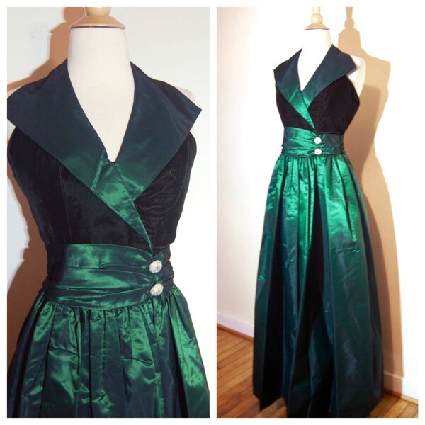 80s Prom Dress Wicked Witch Dress Collared Dress Full Skirt Deep Green Dark Princess Gown Cosplay Fancy Unusual Red Carpet Gown size Small